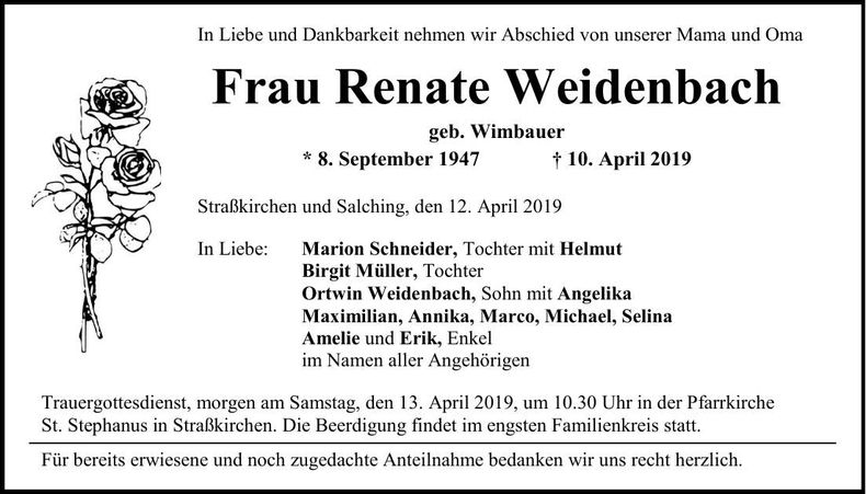 Traueranzeige Renate Weidenbach