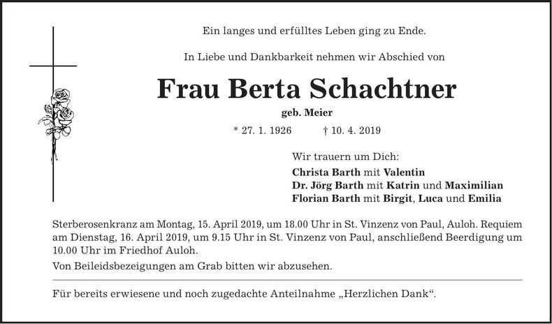 Traueranzeige Berta Schachtner