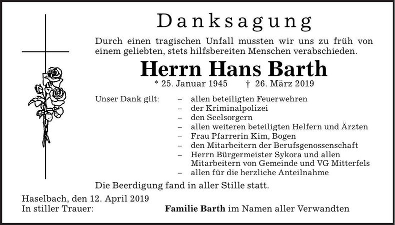 Traueranzeige Hans Barth