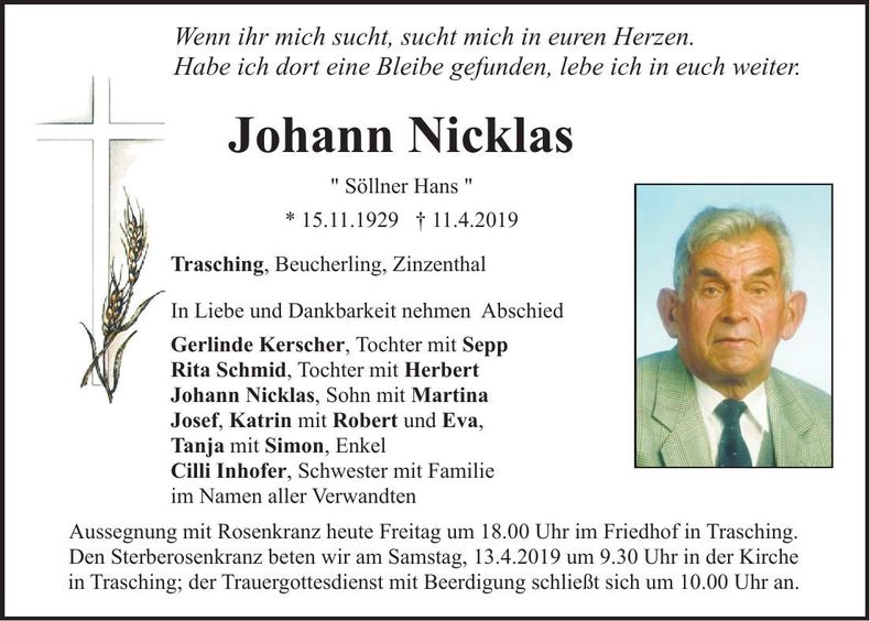 Traueranzeige Johann Nicklas