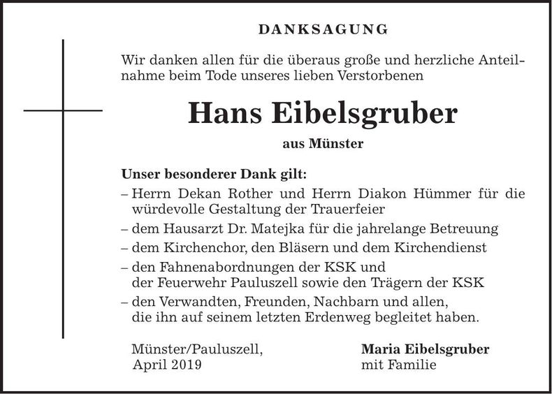 Traueranzeige Hans Eibelsgruber