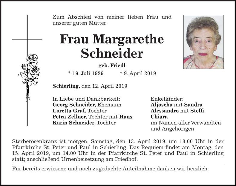 Traueranzeige Margarethe Schneider