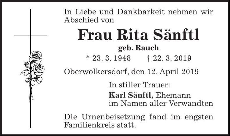 Traueranzeige Rita Sänftl