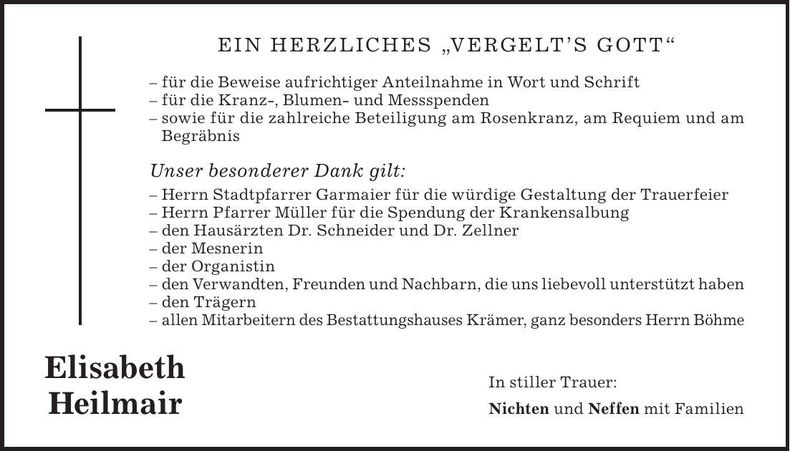 Traueranzeige Elisabeth Heilmair