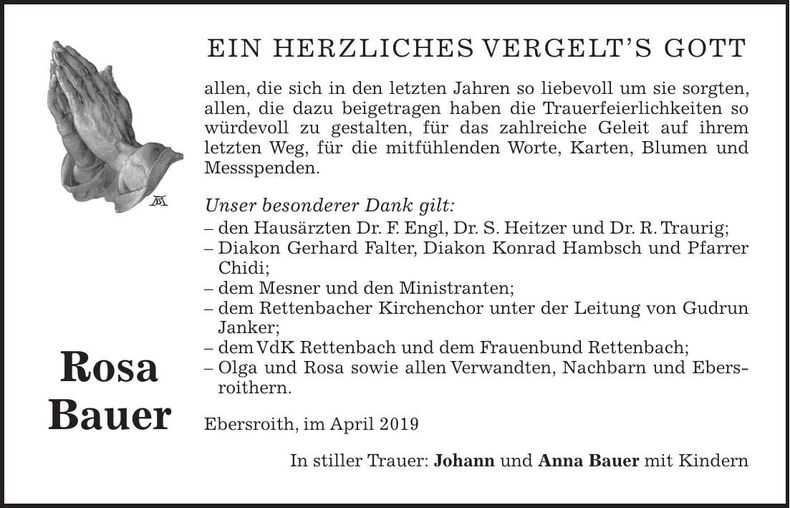 Traueranzeige Rosa Bauer