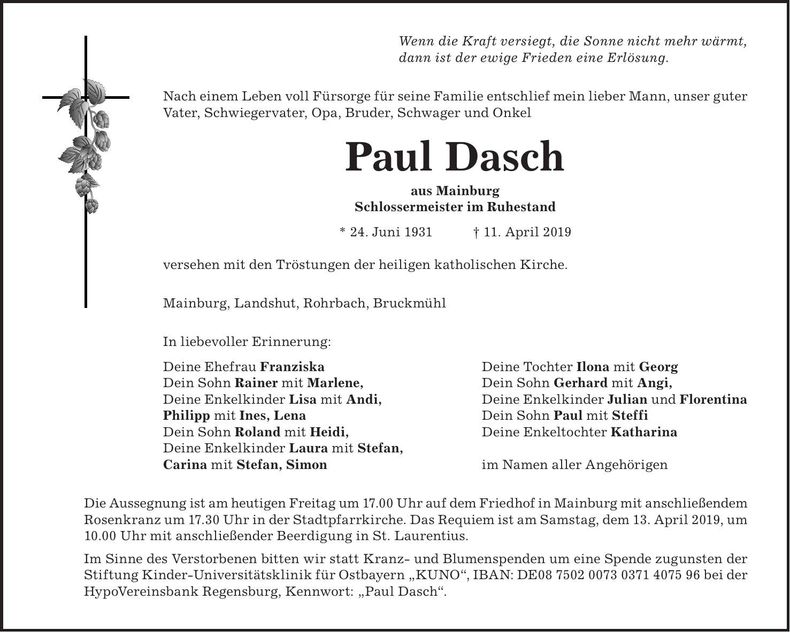 Traueranzeige Paul Dasch