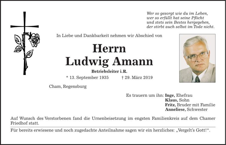 Traueranzeige Ludwig Amann