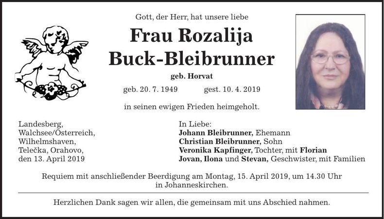 Traueranzeige Rozalija Buck-Bleibrunner