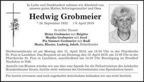 Traueranzeige Hedwig Grobmeier