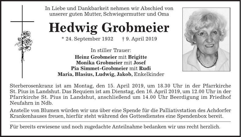 Traueranzeige Hedwig Grobmeier