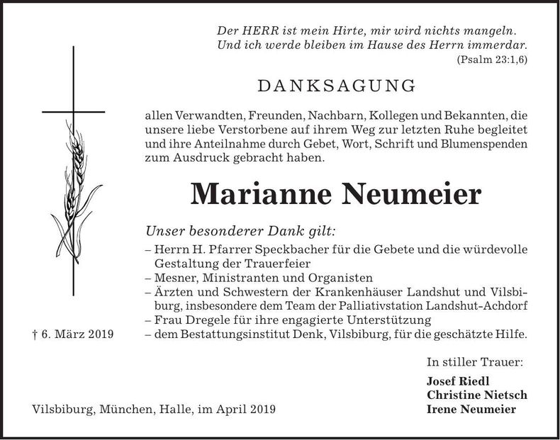 Traueranzeige Marianne Neumeier