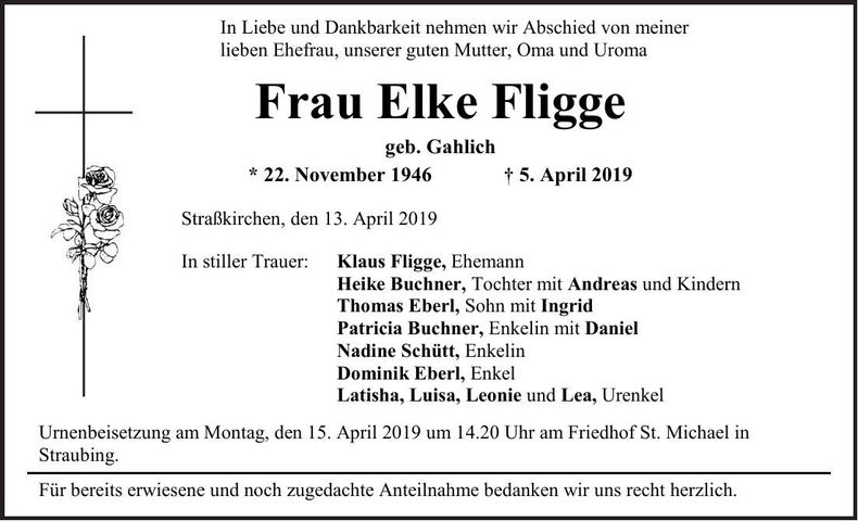 Traueranzeige Elke Fligge