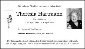 Traueranzeige Theresia Hartmann
