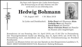 Traueranzeige Hedwig Bohmann
