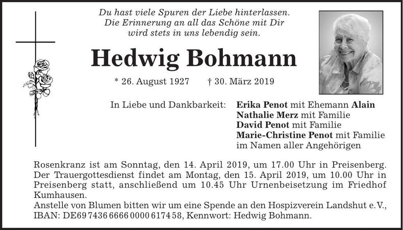 Traueranzeige Hedwig Bohmann