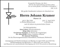 Traueranzeige Johann Kramer