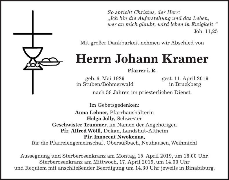 Traueranzeige Johann Kramer