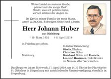 Traueranzeige Johann Huber