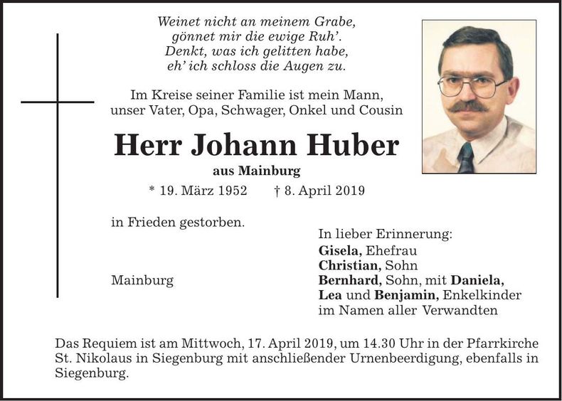 Traueranzeige Johann Huber