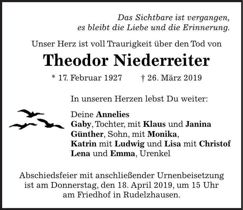 Traueranzeige Theodor Niederreiter