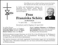 Traueranzeige Schötz Franziska
