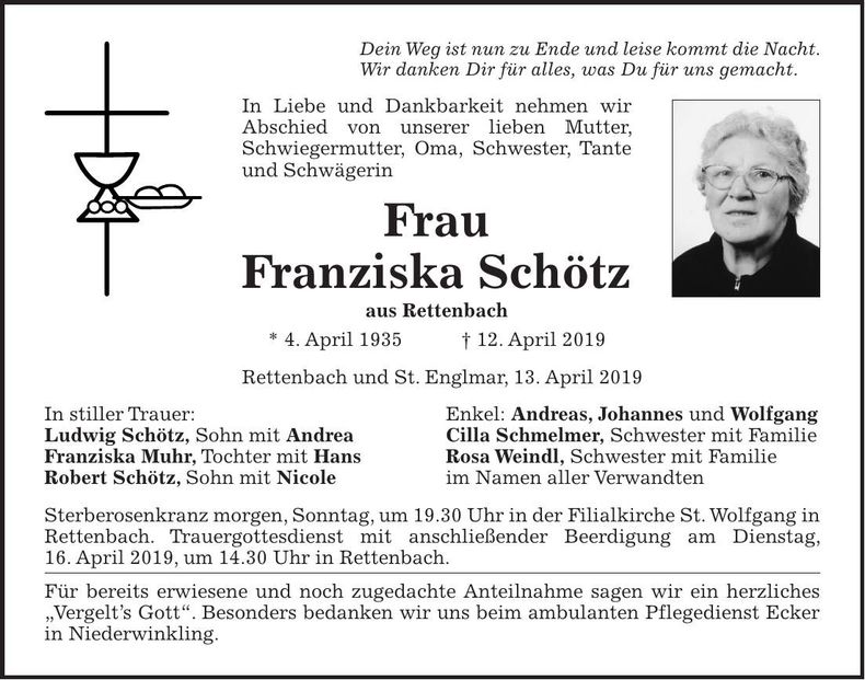 Traueranzeige Schötz Franziska