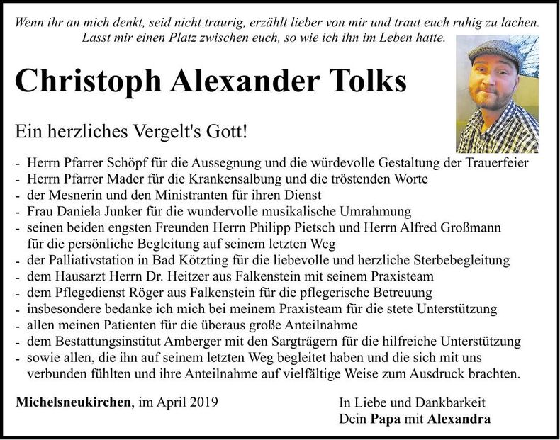 Traueranzeige Christoph Alexander Tolks