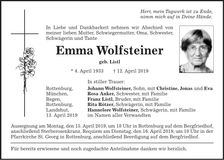 Traueranzeige Emma Wolfsteiner
