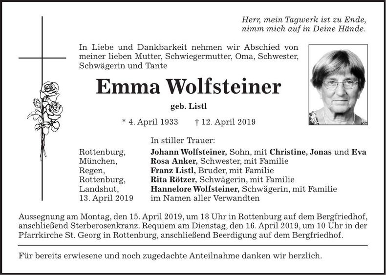 Traueranzeige Emma Wolfsteiner
