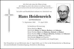 Traueranzeige Hans Heidenreich