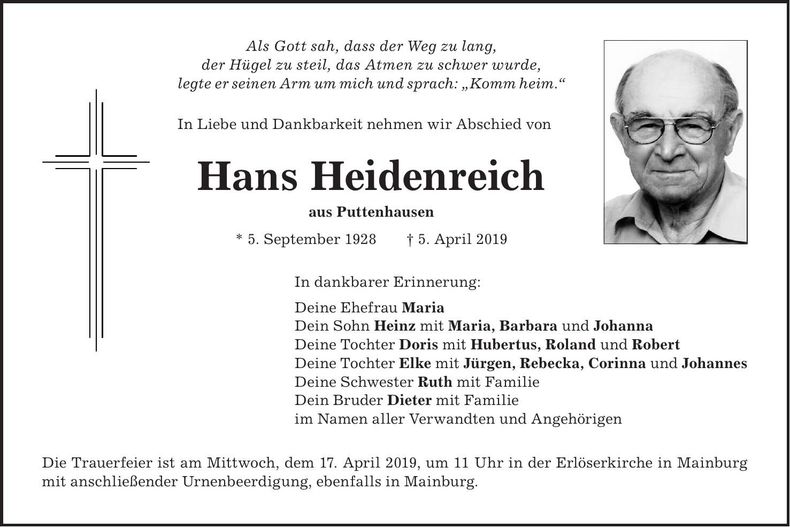 Traueranzeige Hans Heidenreich