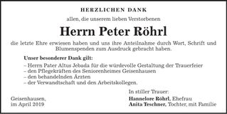 Traueranzeige Peter Röhrl