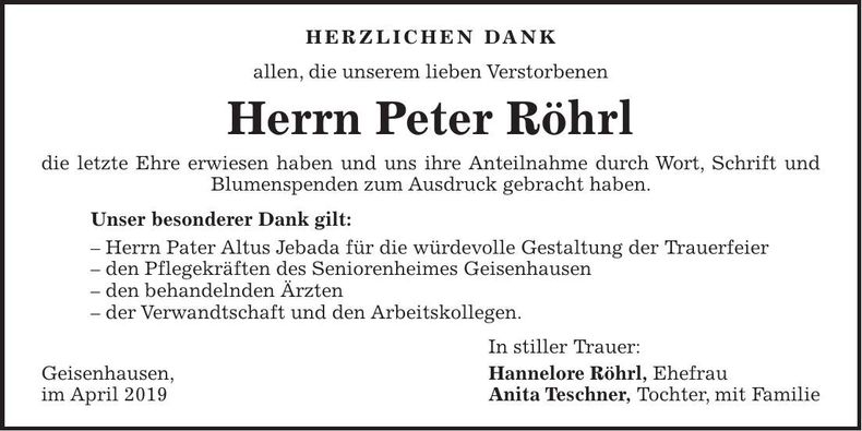 Traueranzeige Peter Röhrl