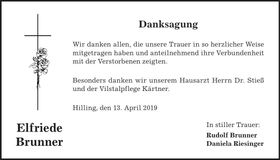 Traueranzeige Elfriede Brunner