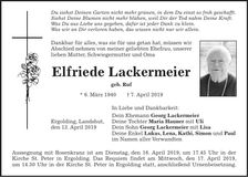 Traueranzeige Elfriede Lackermeier