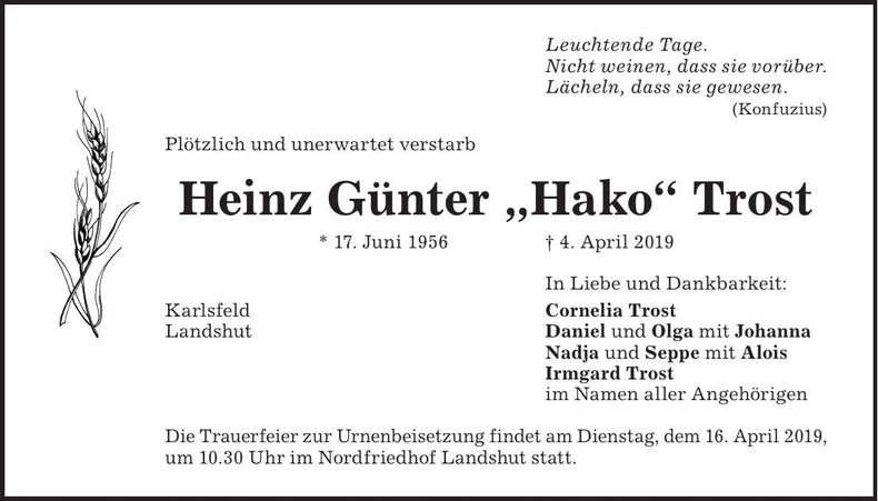 Traueranzeige Heinz Günter Trost