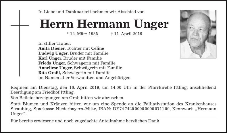 Traueranzeige Hermann Unger