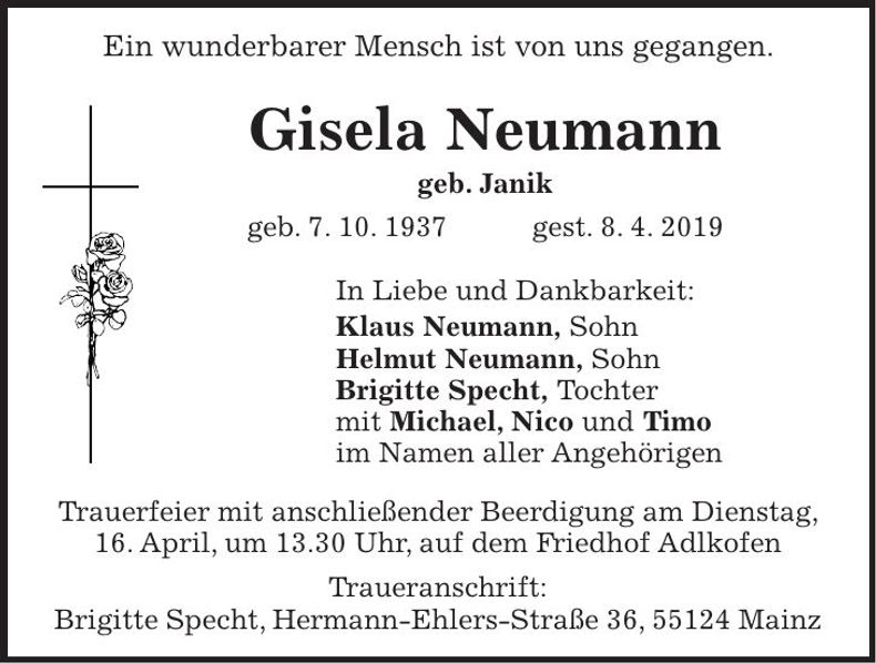 Traueranzeige Gisela Neumann