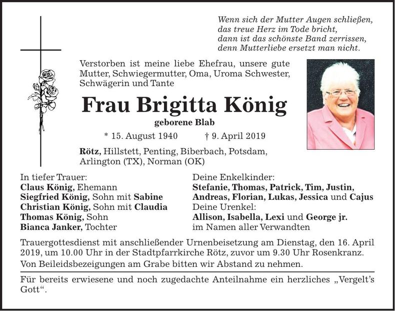 Traueranzeige Brigitta König