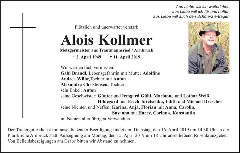 Traueranzeige Kollmer Alois