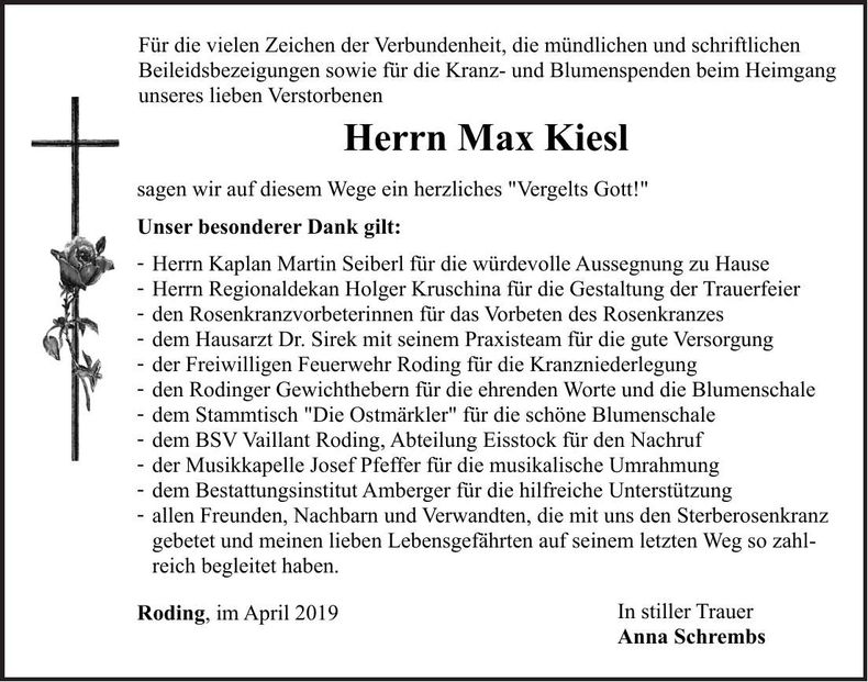 Traueranzeige Max Kiesl