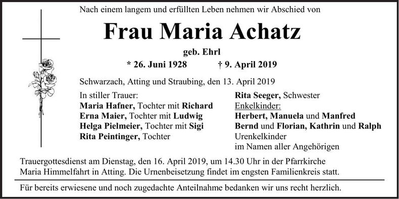 Traueranzeige Maria Achatz