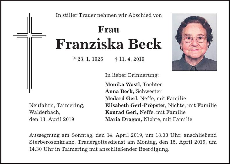 Traueranzeige Franziska Beck
