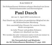 Traueranzeige Paul Dasch