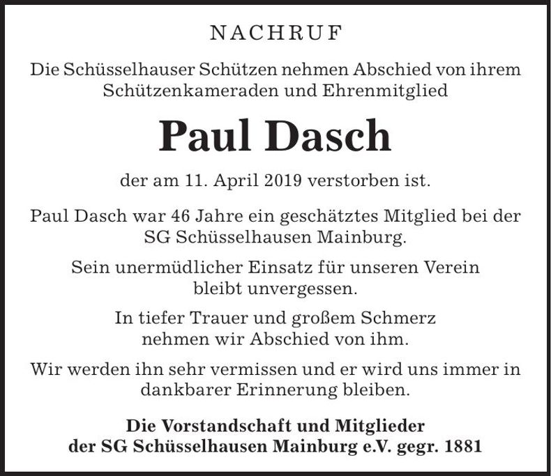 Traueranzeige Paul Dasch