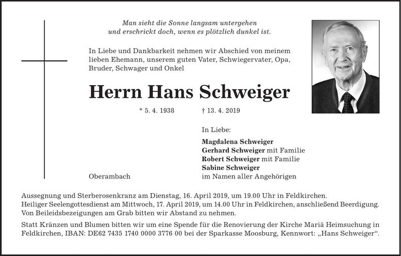 Traueranzeige Hans Schweiger