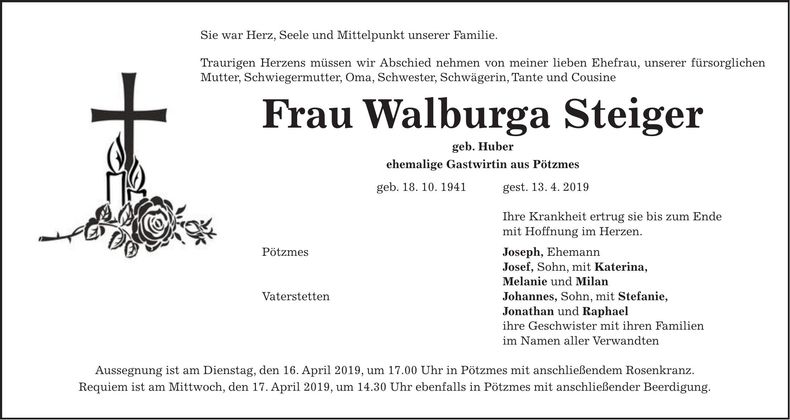 Traueranzeige Walburga Steiger