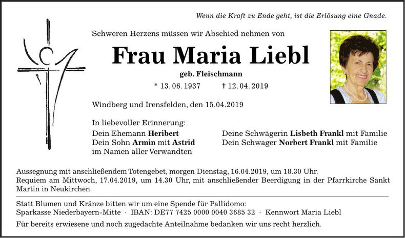Traueranzeige Maria Liebl