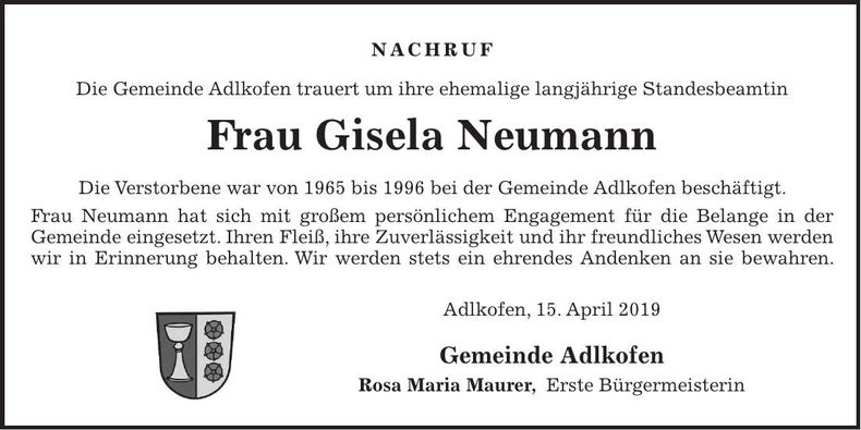 Traueranzeige Gisela Neumann