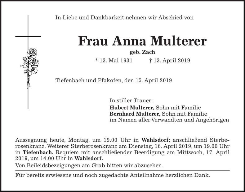 Traueranzeige Anna Multerer